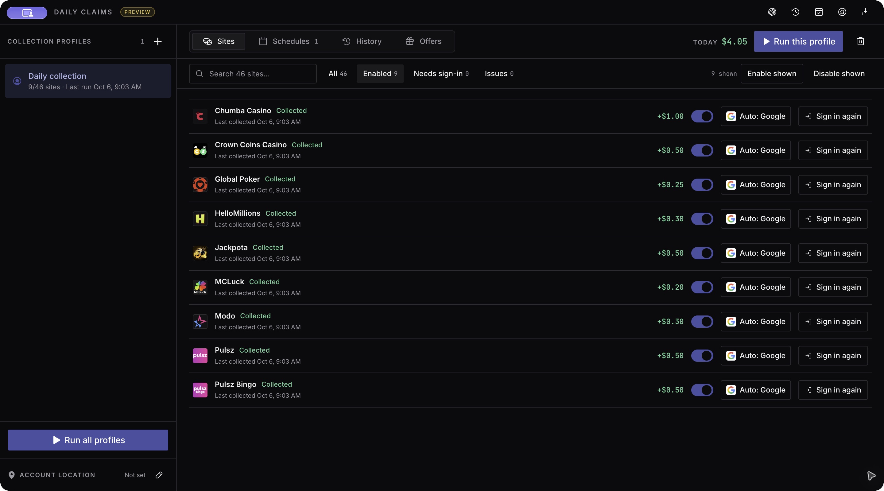 Multibot’s Daily Claims screen with demo collection data