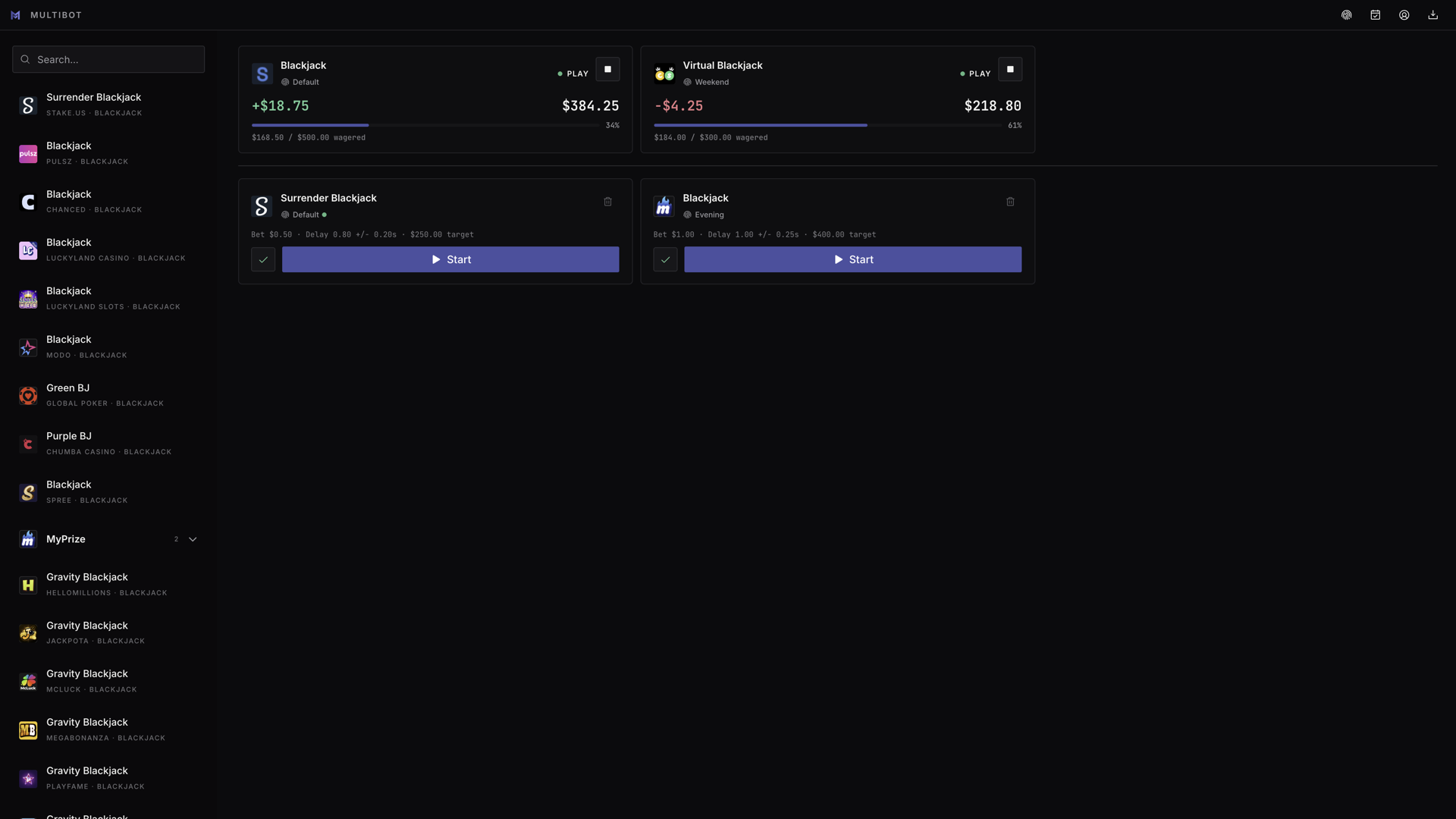 Multibot desktop app showing supported automations and saved profiles