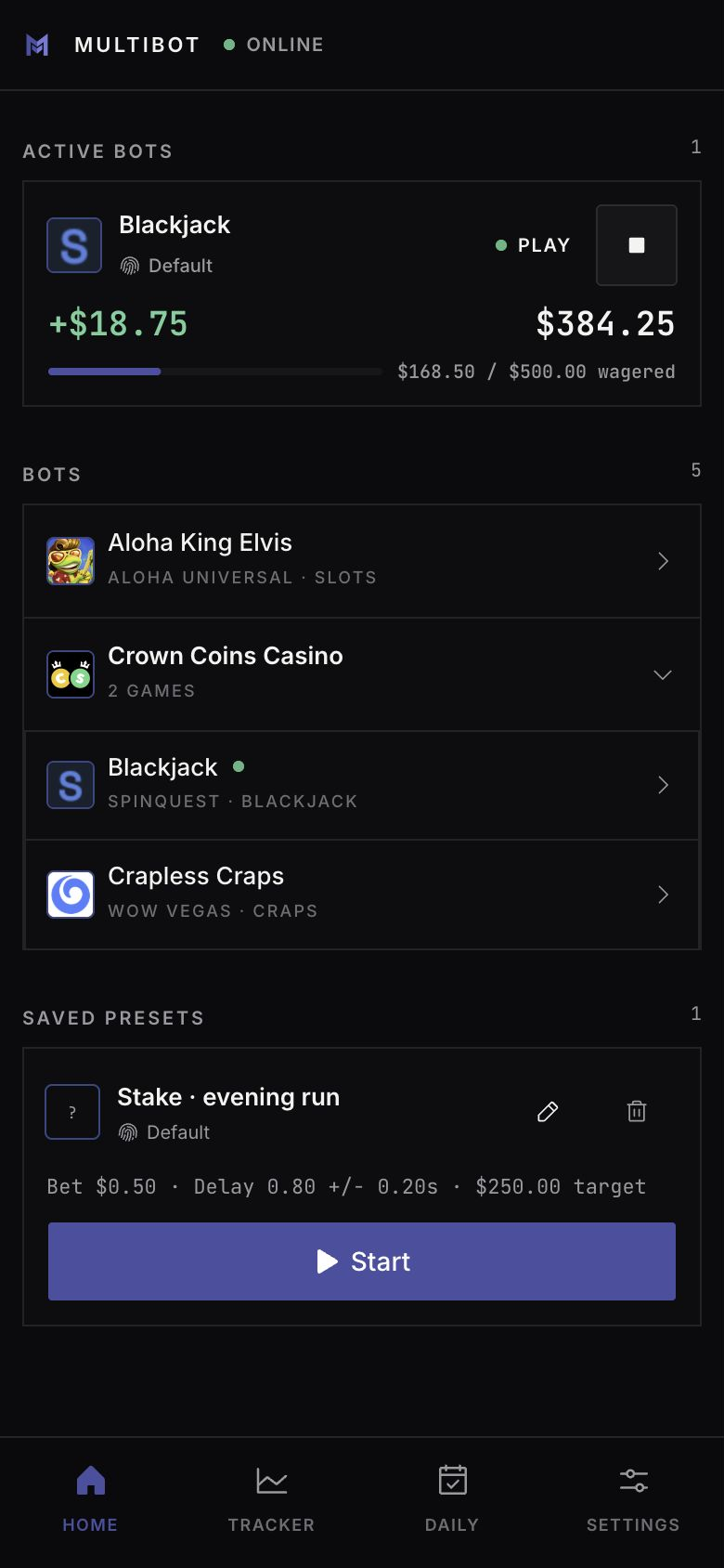 Multibot mobile app home screen with active bots and saved presets